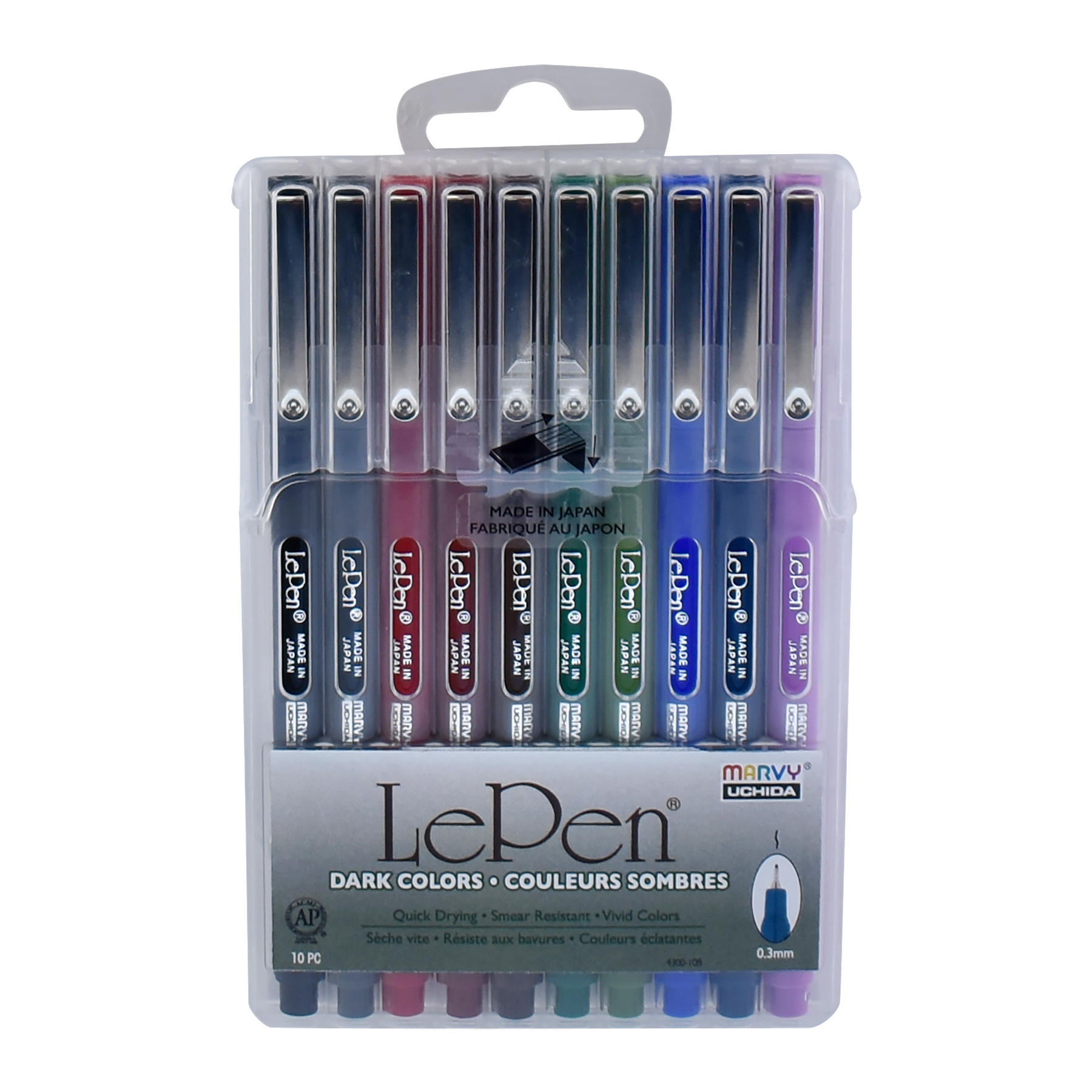 Marvy, Uchida, Le Pen, LePen, Felt Tip Pens, Dark Color, Medium Point,  .3mm,10 Count 